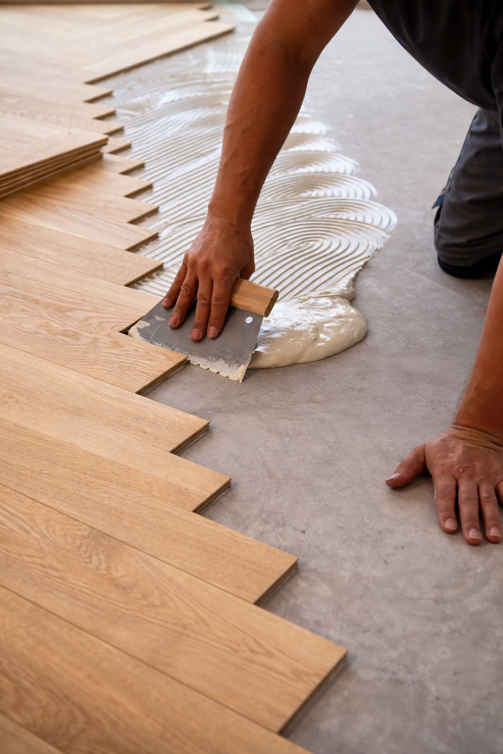 Installer spreading adhesive and laying light oak hardwood planks