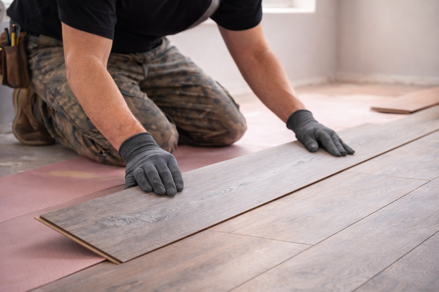 Installer laying laminate flooring planks with precision