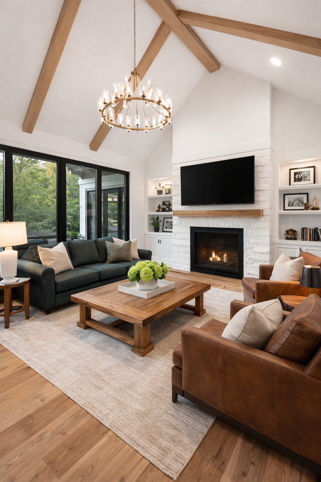 Spacious living room with light hardwood flooring and vaulted ceiling