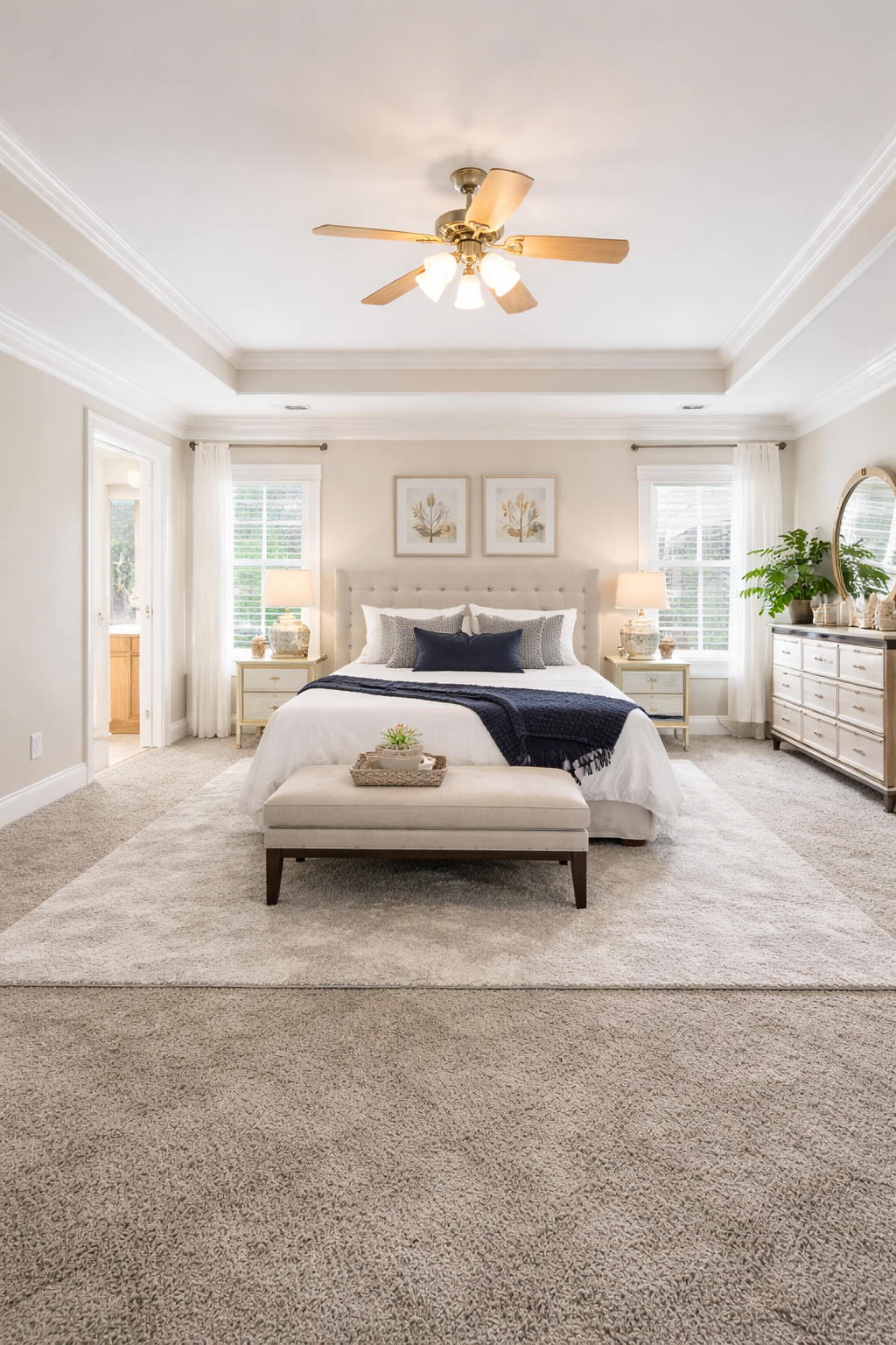 Serene master bedroom with plush neutral carpet