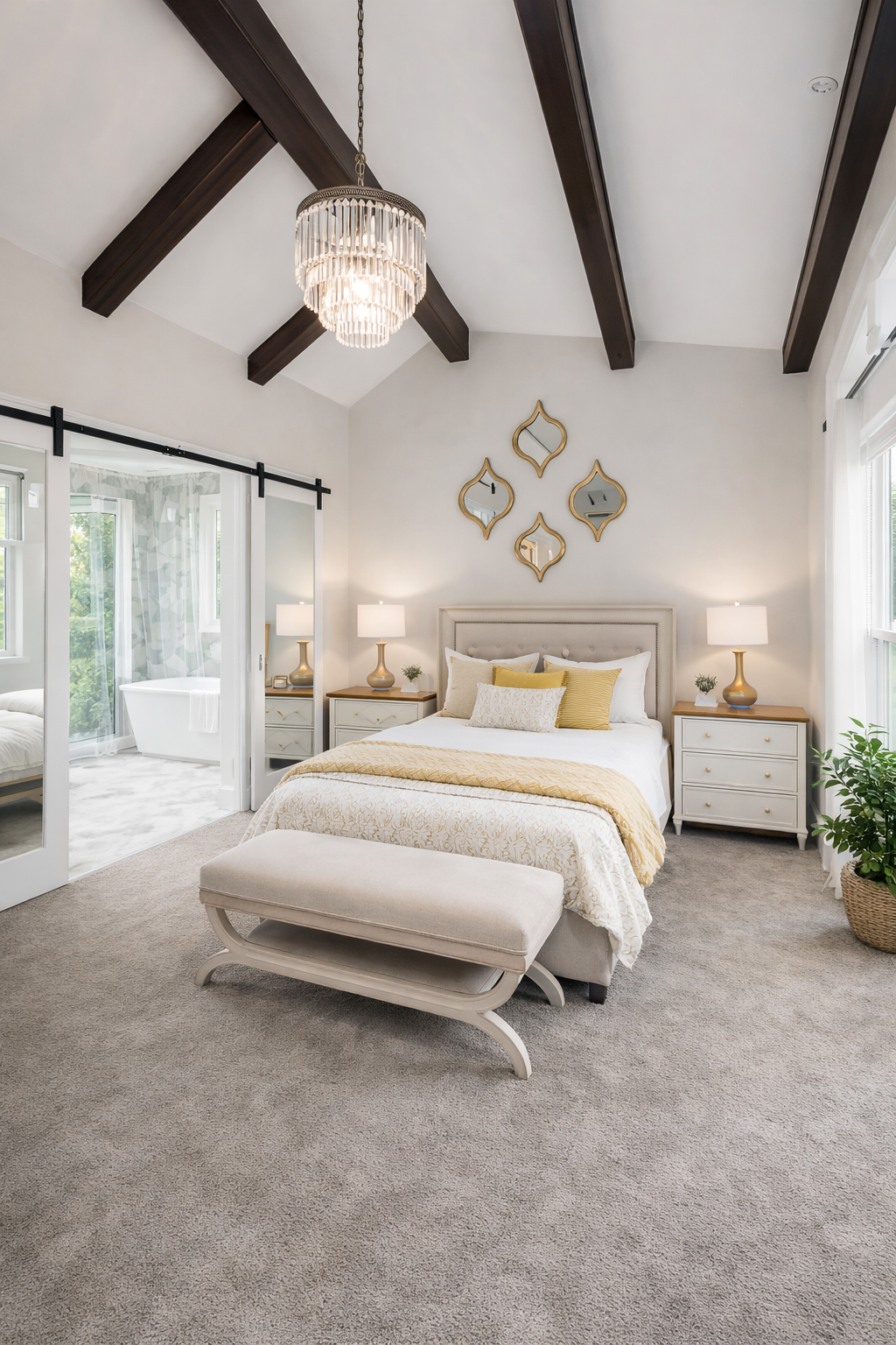 Elegant master bedroom with vaulted ceiling and soft carpet