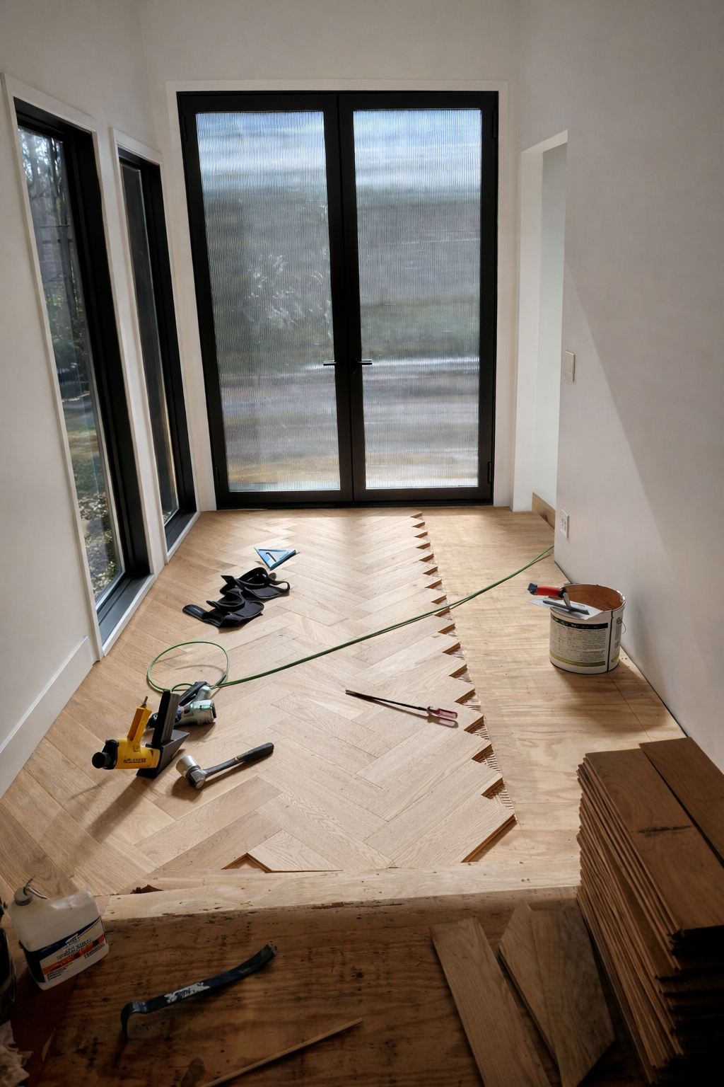 Herringbone hardwood floor installation in progress with tools